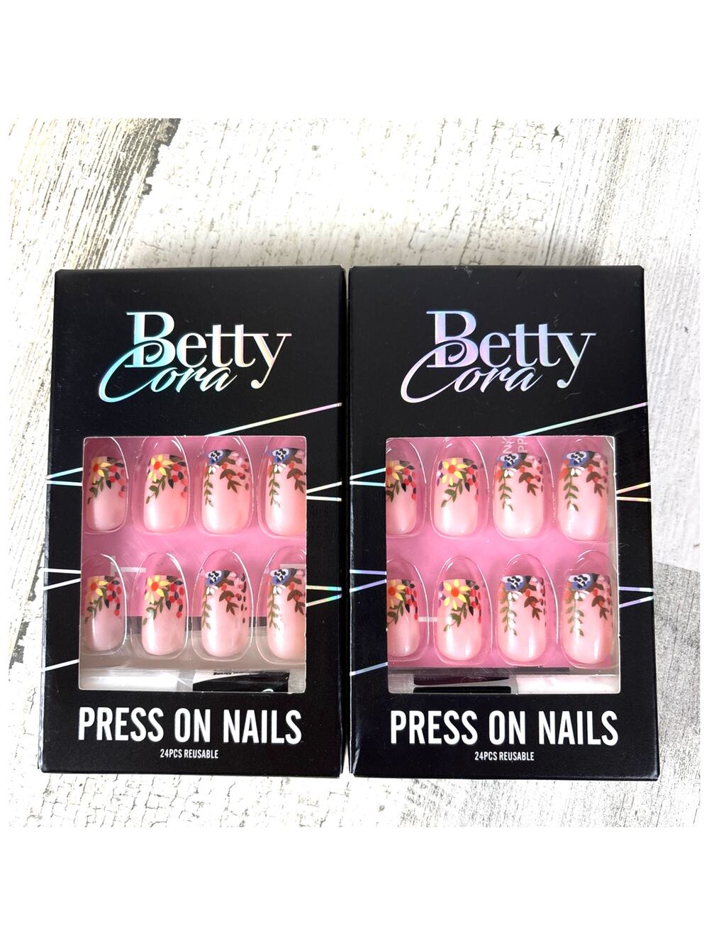 Betty Cora Press On Square Floral Skin Tone Fake Nails 48 Pcs 2 Boxes NEW Beauty